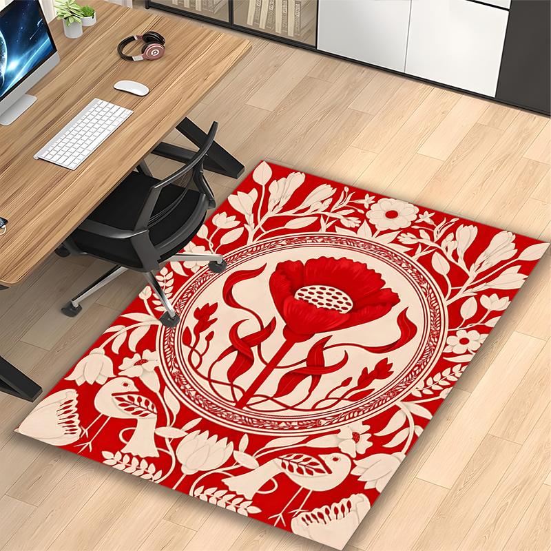 [Red Floral Emblem Printed Carpet] Durable Home and Office Area Rug, Kitchen Farmhouse Decorative Floor Mat