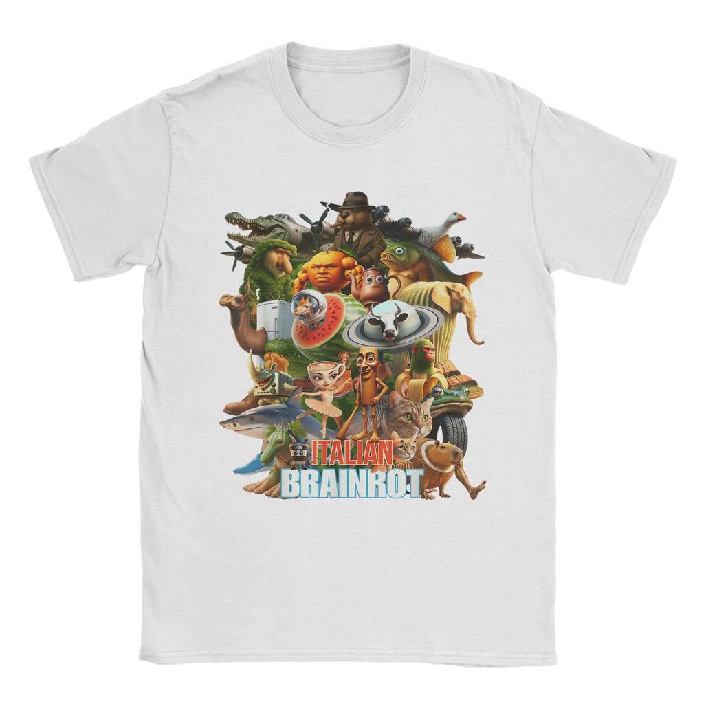 Italian Brainrot Viral Meme Collage T Shirts Unisexs Cotton Funny TShirt O Neck Tee Shirt Short Sleeve Clothing Plus Size