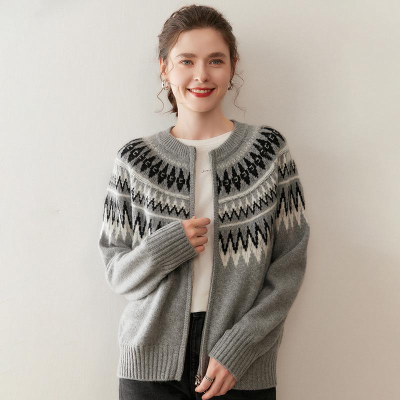 Женский толстый теплый кардиган-свитер из кашемира в стиле Fair Isle на молнии - Круглый вырез, цветовые блоки для осени/зимы