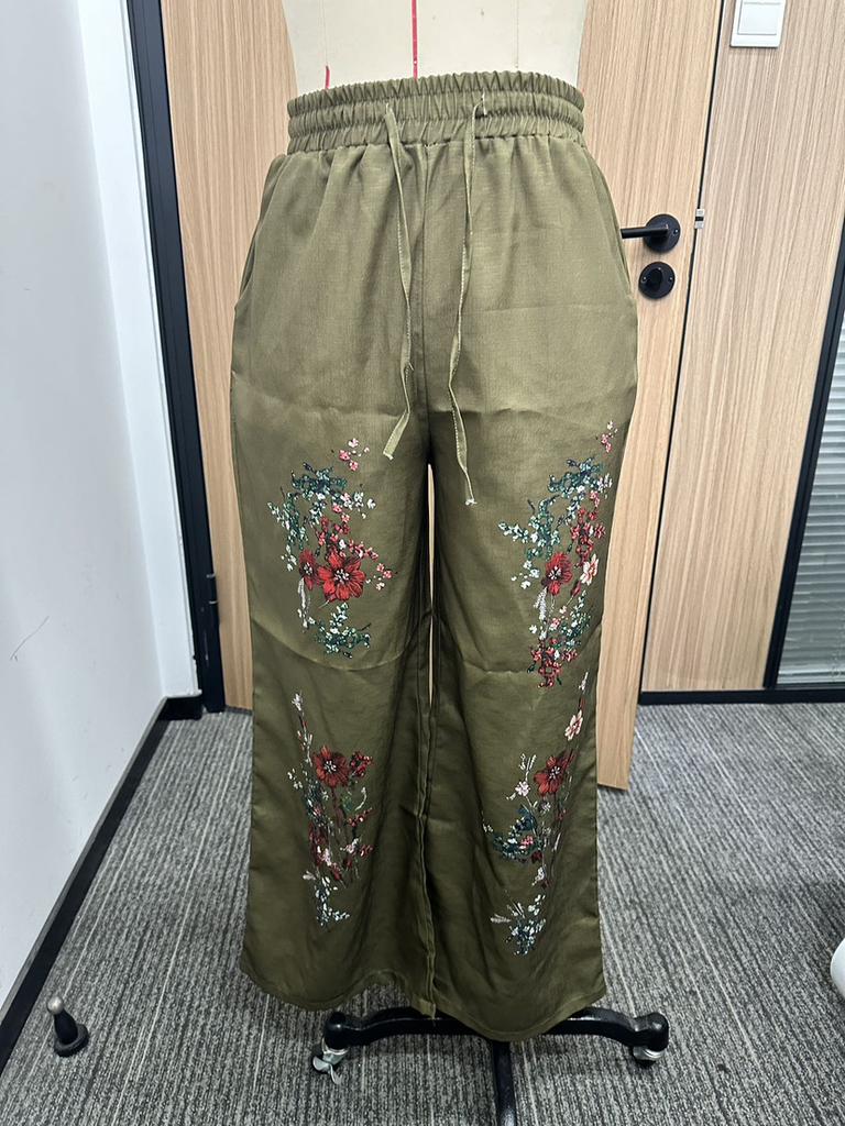 Женские брюки из хлопка и льна с высокой талией и ретро-принтом