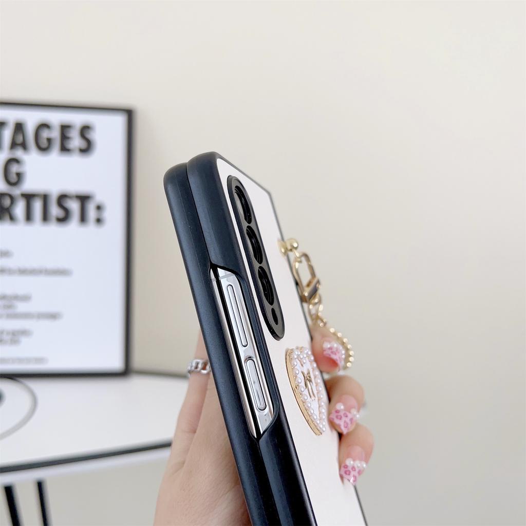 Luxury Korean Bow Tag Pearl Bracelet Chain 3d Love Heart Case For Samsung Galaxy Z Fold 3 4 5g Z Fold3 Zfold3 Zfold4 Fold4 Cover