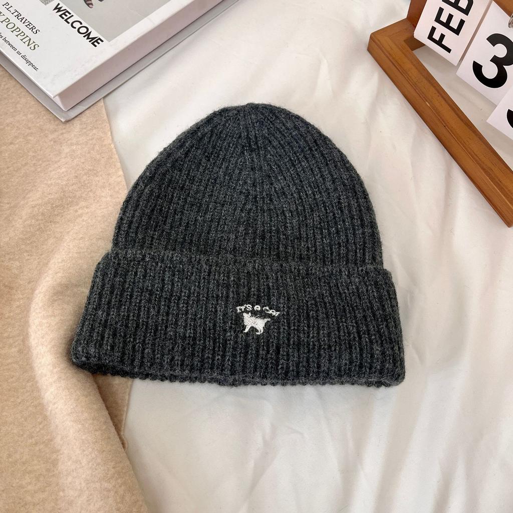 Шапка женская осенне-зимняя универсальная вышитая шапка с изображением котенка большая голова маленькая вязаная шапка модная теплая шерстяная холодная шапка