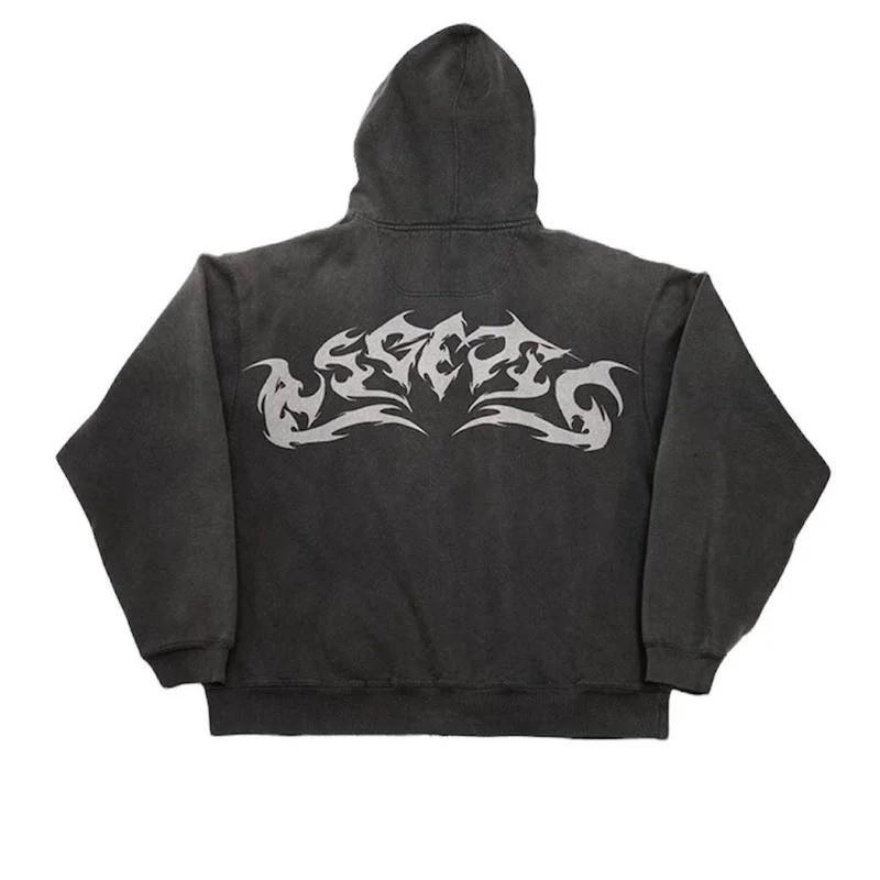 Oversized Gothic Print Hoodie Women - Streetwear Zip-Up Sweatshirt In Red Black White Flame Design