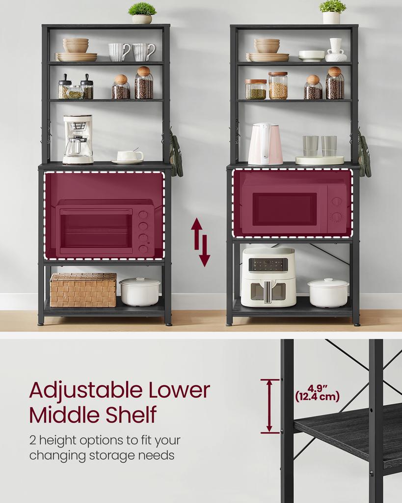 VASAGLE Coffee Bar, Baker’s Rack for Kitchen with Storage, 6-Tier Kitchen Shelves with 6 Hooks, Microwave Stand, Industrial