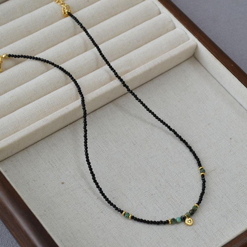 Французская ниша романтический простой ретро литературный черный шпинель бирюзовый бисер любовь круглый бренд ожерелье ключица цепочка женский