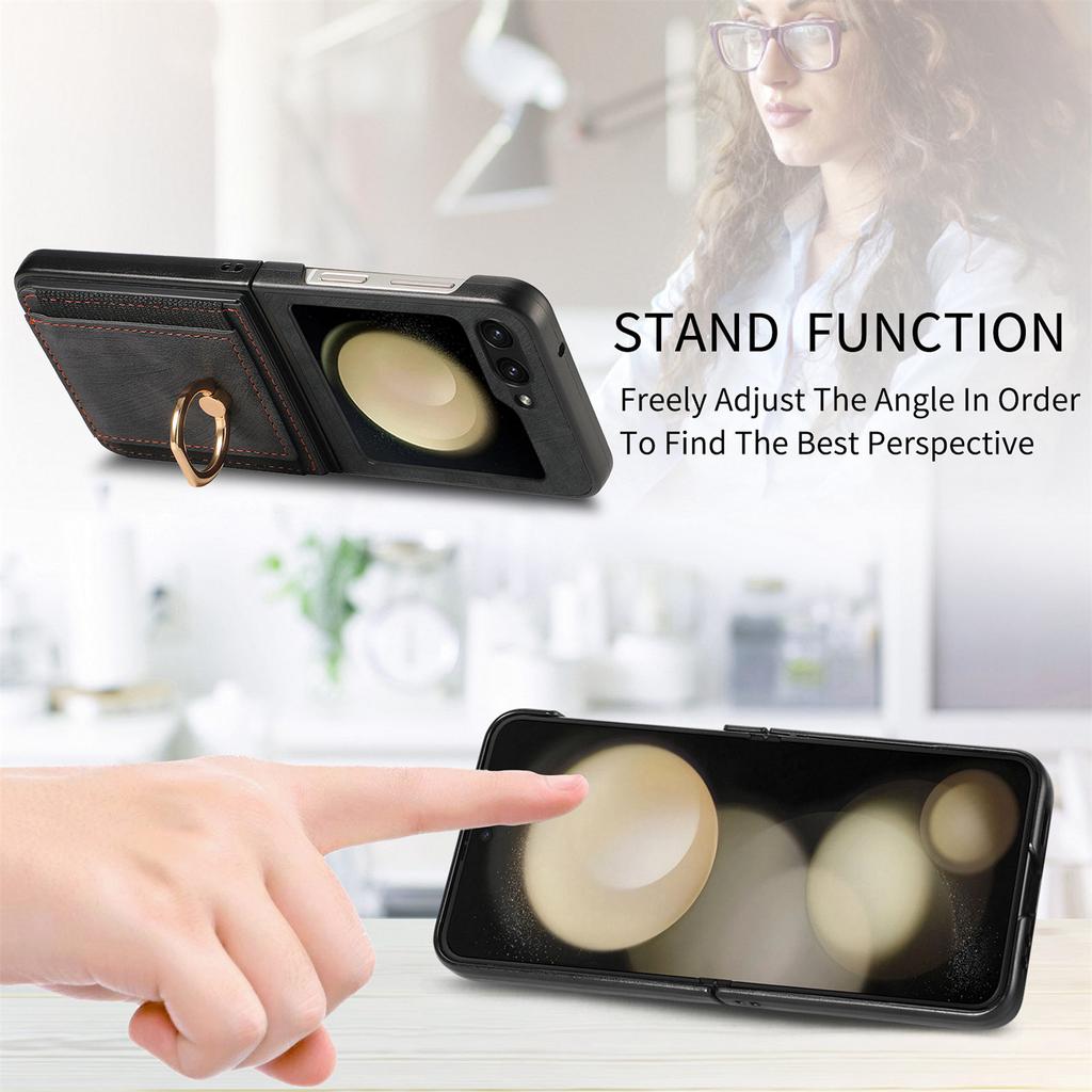 D2 For Samsung Galaxy Z Flip7 FE 5G/Z Flip6 5G Case Card Slot Leather+PC Retro Phone Cover Ring Holder Kickstand
