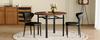 Modern minimalist round table set (2 black PU armchairs, curved backrest), 100 cm diameter table in wood look. For dining room & kitchen.