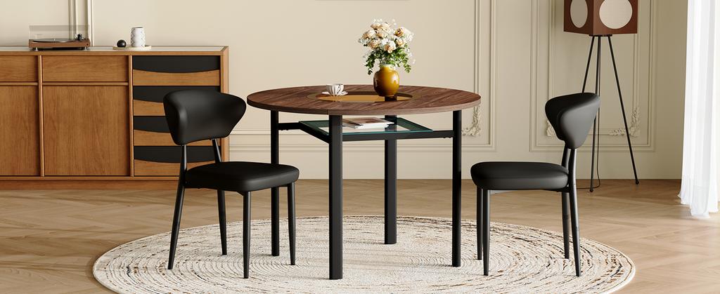Modern minimalist round table set (2 black PU armchairs, curved backrest), 100 cm diameter table in wood look. For dining room & kitchen.
