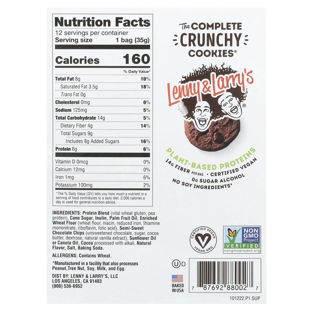 Lenny & Larry's The Complete Crunchy Cookies®, Double Chocolate, 12 Pieces, 1.25 Oz (35 G) Each