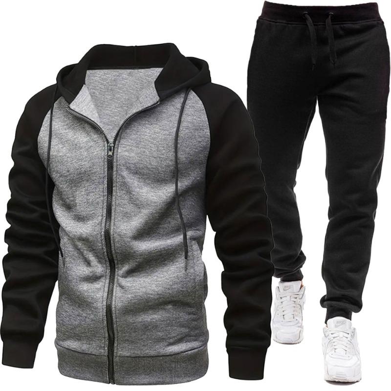 Men's Fashion Color Blocked Coat Long Sleeve Casual Sports Set Men's Top Pants