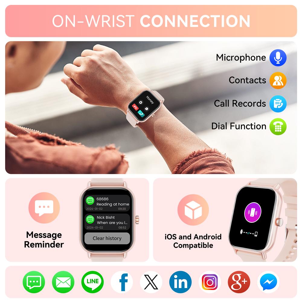 2025 Мужские и женские умные часы 1,85 дюйма со 100 спортивными режимами/напоминанием о сообщениях, водонепроницаемый фитнес-трекер IP67 для устройств Android iPhone