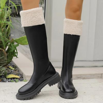 Зимние теплые плюшевые женские сапоги до колена, модные длинные сапоги из искусственной кожи для женщин, лаконичные туфли на квадратном каблуке с молнией сзади, Botas Mujer