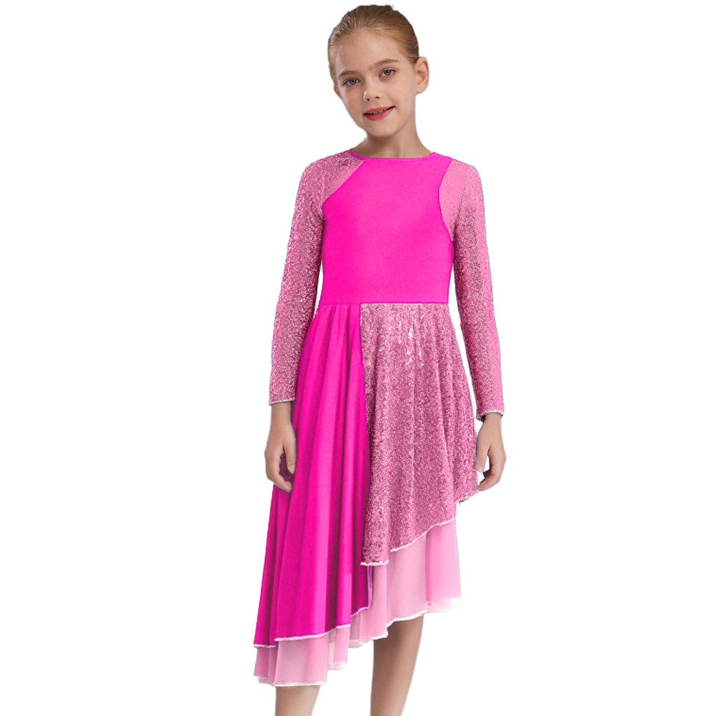 Girls Praise Dance Dress Long Sleeve Round Neck Design with Sparkling Sequins Color Block Asymmetrical Robe
