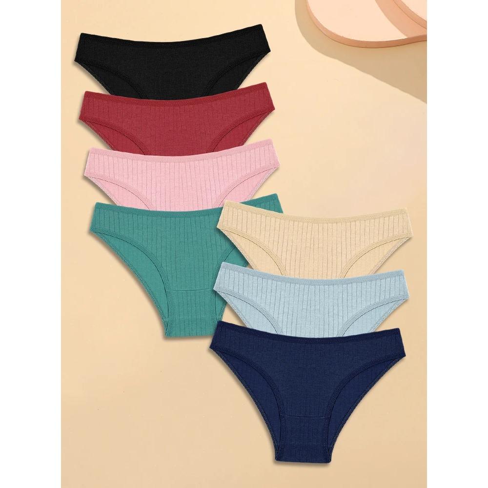 7Pcs Woman Cotton Underpants Sexy Breathable Striped Briefs Female Solid Color Soft Underwear Girls Comfortable Lingerie