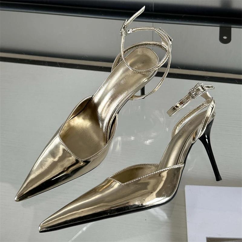 Fashion Eilyken Gold Silver Ankle Buckle Strap Women Pumps Sexy Pointed Toe Thin High Heels Slingback Dress Designer Mules Shoes