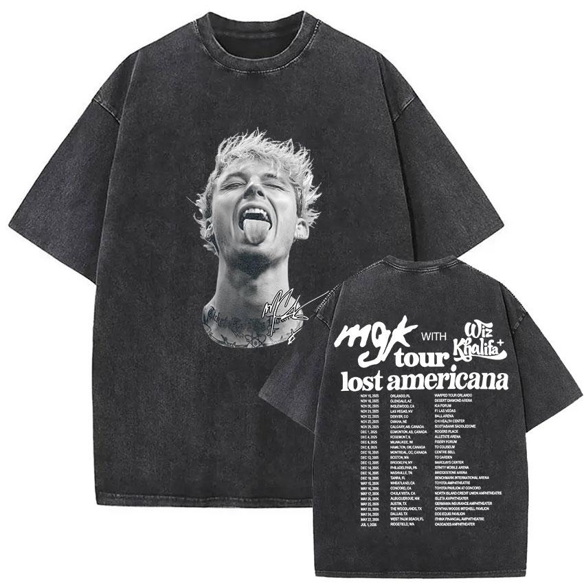 Винтажная стираная футболка с принтом MGK Lost Americana Tour Мужская Женская Харадзюку Высококачественная Модная Оверсайз Футболки