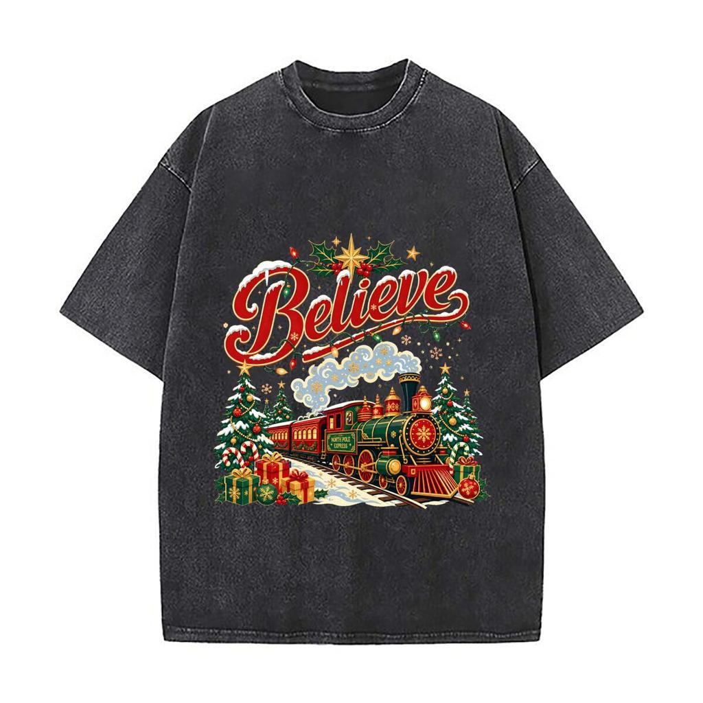 Festive Believe Holiday Express Illu Retro Washed Distressed T Shirt Men Summer Casual Short Sleeve