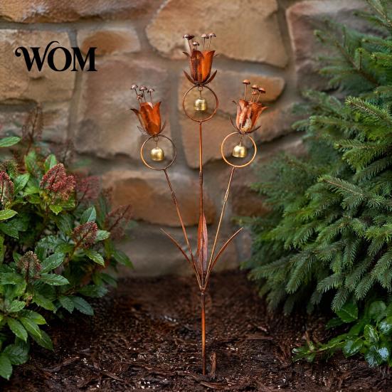 Garden Stakes Decorative Flame Copper Metal Lily Tulip Stake with Wind Chime Bells, Rustic Weatherproof Pillars Yard Decor for Lawn Patio Flower Bed,