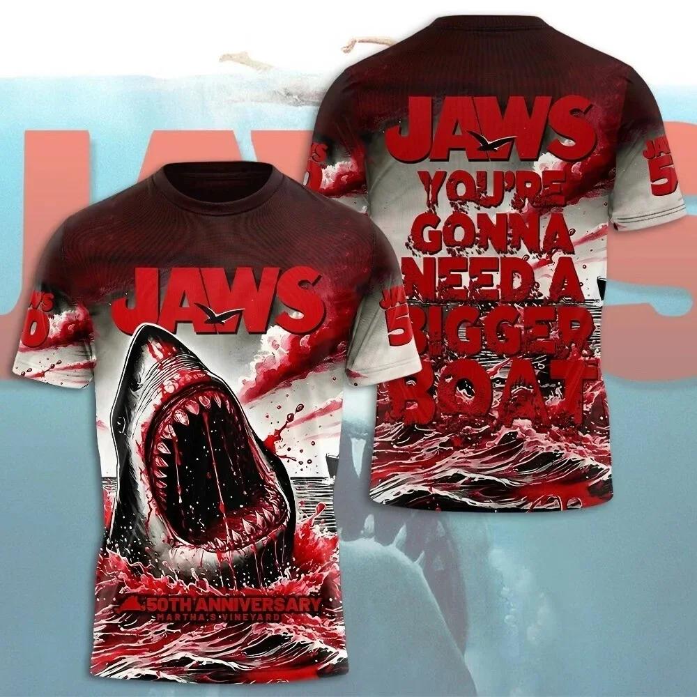 Jaws 50th Anniversary 3D Printed T-shirt Men's Casual Fashion Short Sleeve Top Summer Personalized Trendy Round Neck Street Wear