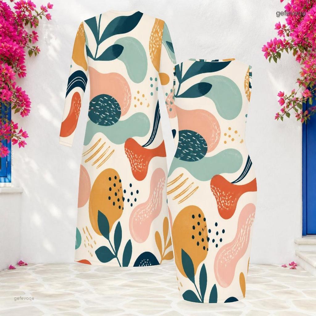 Women Plus Size Printed Two Piece Set Round Neck Sleeveless Bodycon Dress Long Sleeve Open Front Cardigan