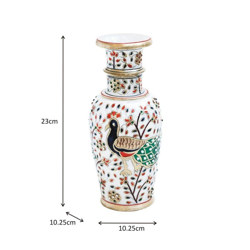Marble Peacock Motif Flower Vase 9 Inch