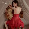 Women's Sheer Mesh Asymmetric Hem Deep V Cami Sleep Dress Set