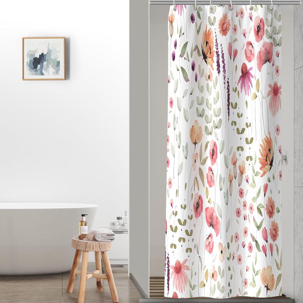 Watercolor Floral Shower Curtain, Flowers Print Spring Bathroom Curtain, Wildflowers Home Décor Machine Washable Bath Curtain