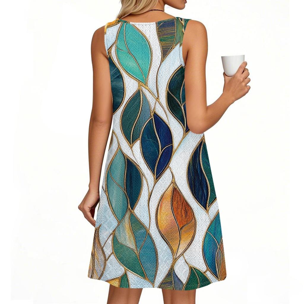 Ladies Fashion Casual Summer Floral Print Dress With Pocket Beach Holiday Vest Dress