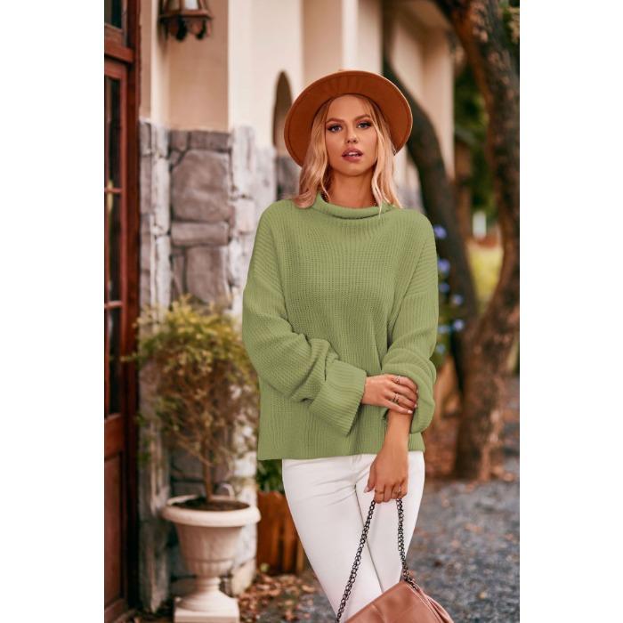 Осенне-зимний женский свитер, модный пуловер с высоким воротом, вязаный подол, свитер с расклешенными рукавами