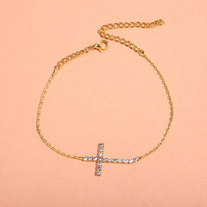Women's Elegant Cubic Zirconia Cross Gold Color Chain Beach Sandals Ankle Bracelet Anklet Foot Jewelry
