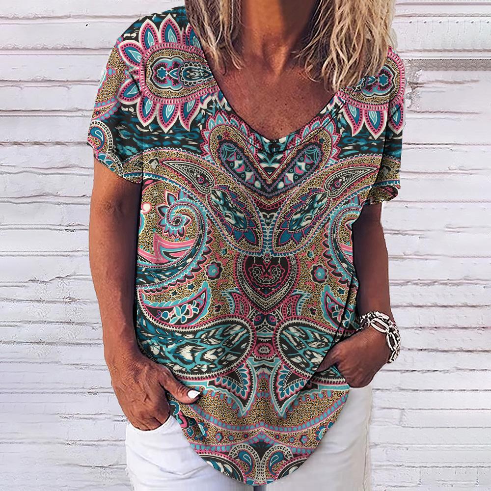 Винтажный принт топ женский с короткими рукавами уличная летняя футболка женская мода повседневная футболка с V-образным вырезом Y2k свободная женская одежда