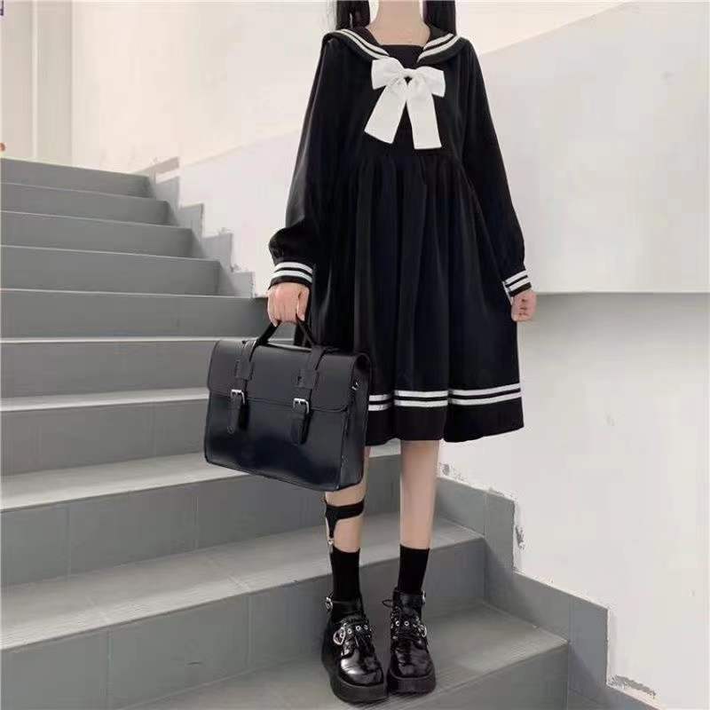 Платья женские с бантом пэчворк свободные А-силуэта модные длиной до колена милые ампир стиль преппи вставки матросский воротник японский универсальный черный