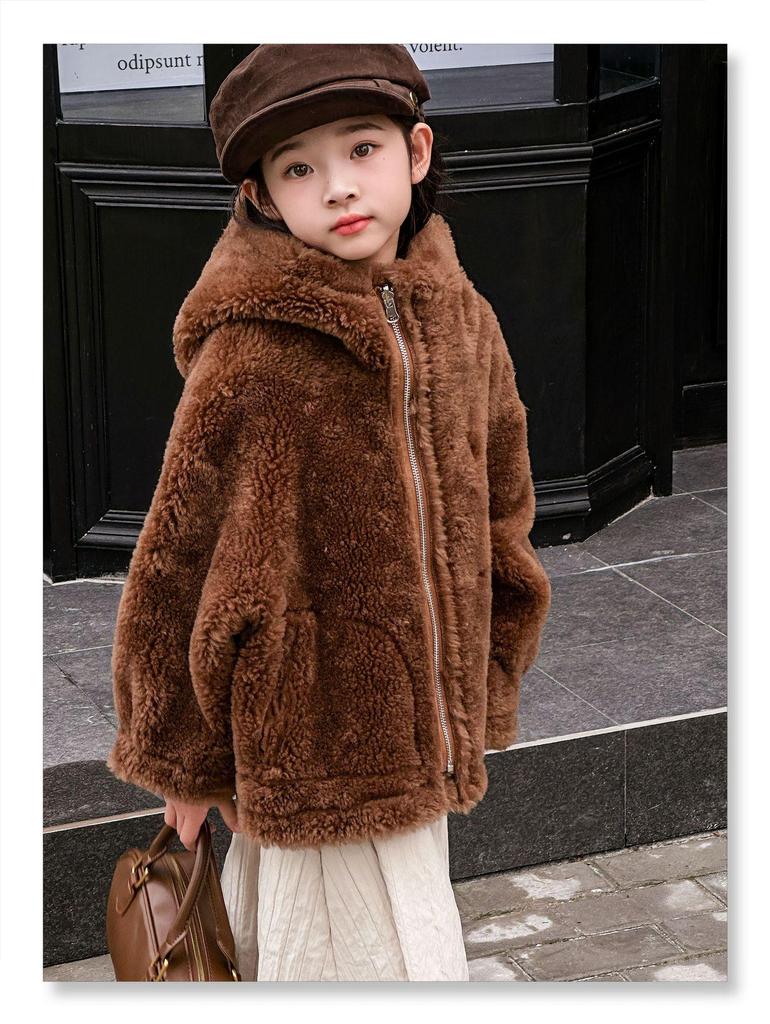 Детское пальто из искусственной овчины с капюшоном в корейском стиле - Зимнее теплое цельное пальто на пуговицах-дафлкотах для мальчиков и девочек