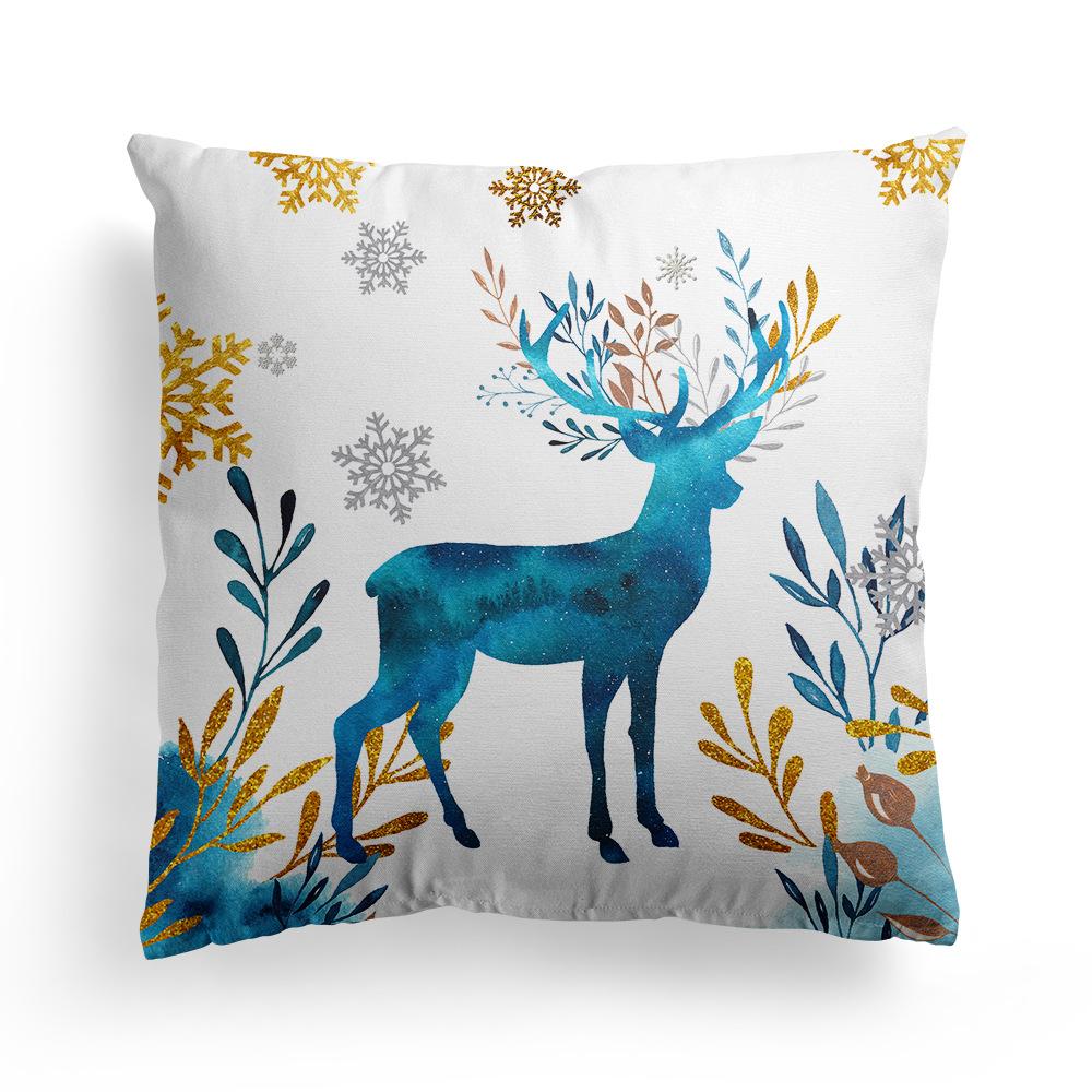 New Christmas Blue Watercolor Elk Pillow Cover  Decoration Holiday Gift Sofa Cushion  Bedroom Room Home
