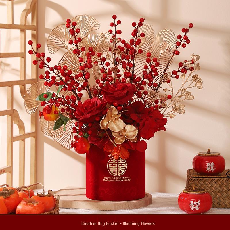 Engagement & Wedding Ornaments: Room Decor Bouquet & Double Happiness Bucket Set for Newlyweds - Ideal for Master Bedroom & Living Room.