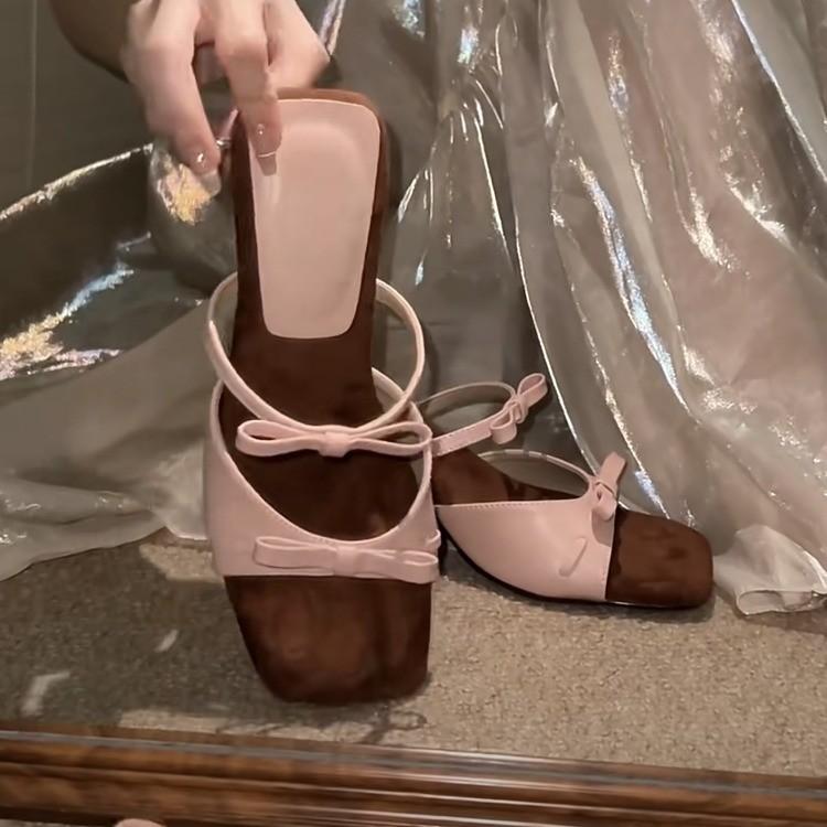 Французские элегантные тапочки-клинья женские темпераментные с открытым носком и перемычкой, с бантом, босоножки на высоком каблуке, новинка лета 2024