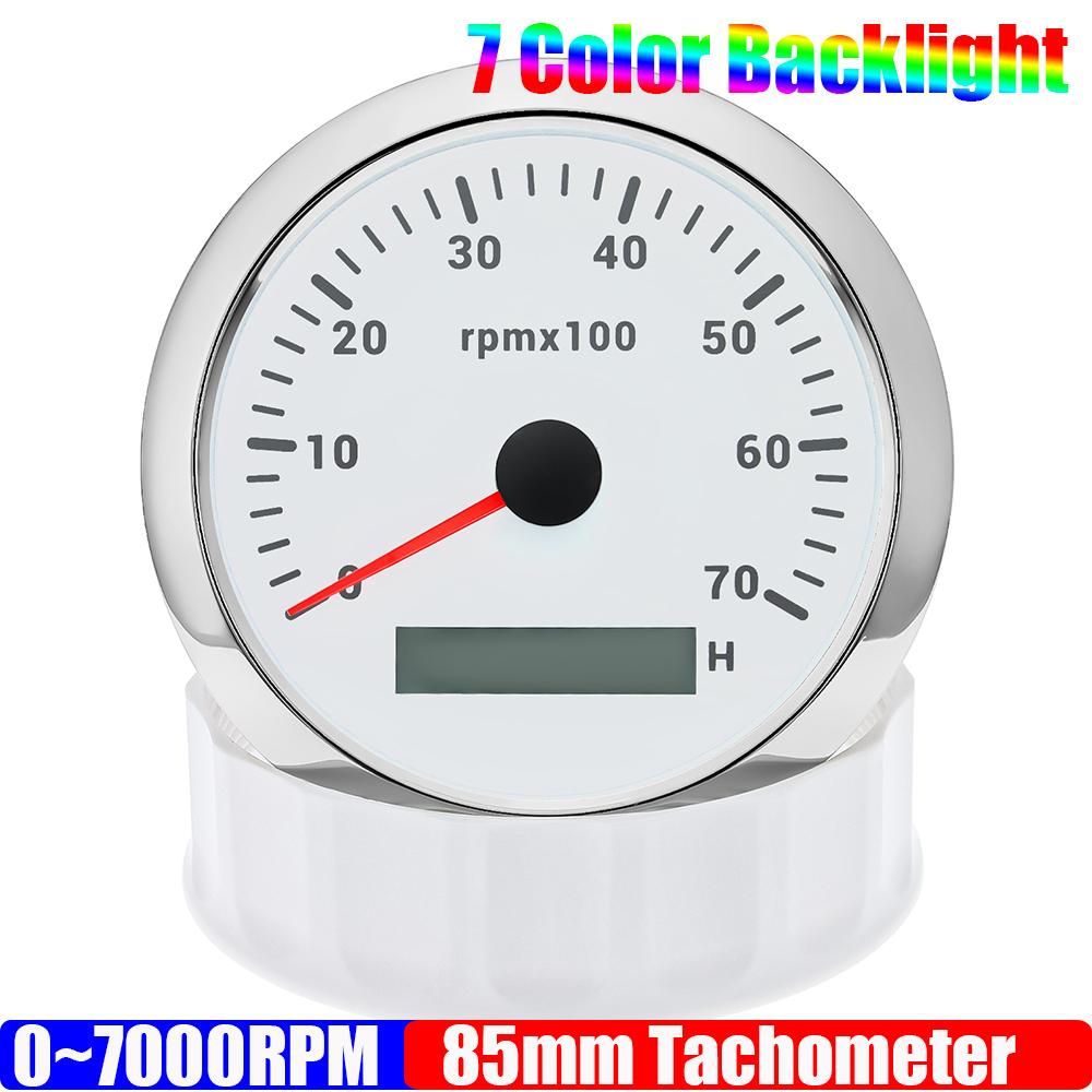 85MM Diesel Engine Tachometer 3000/4000/6000/8000 RPM Gauge REV Counter with Digital Hourmeter 7 Color Backlight 12V 24V