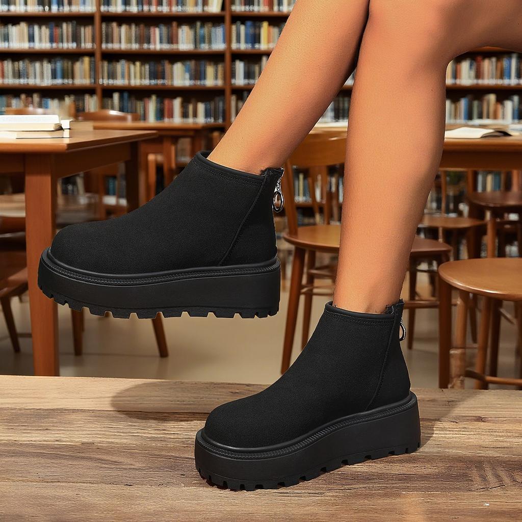 Fashion Leather Snow Boots Women Ankle Booties Platform Wedge Winter Plush Chelsea Boots Shoes for Women