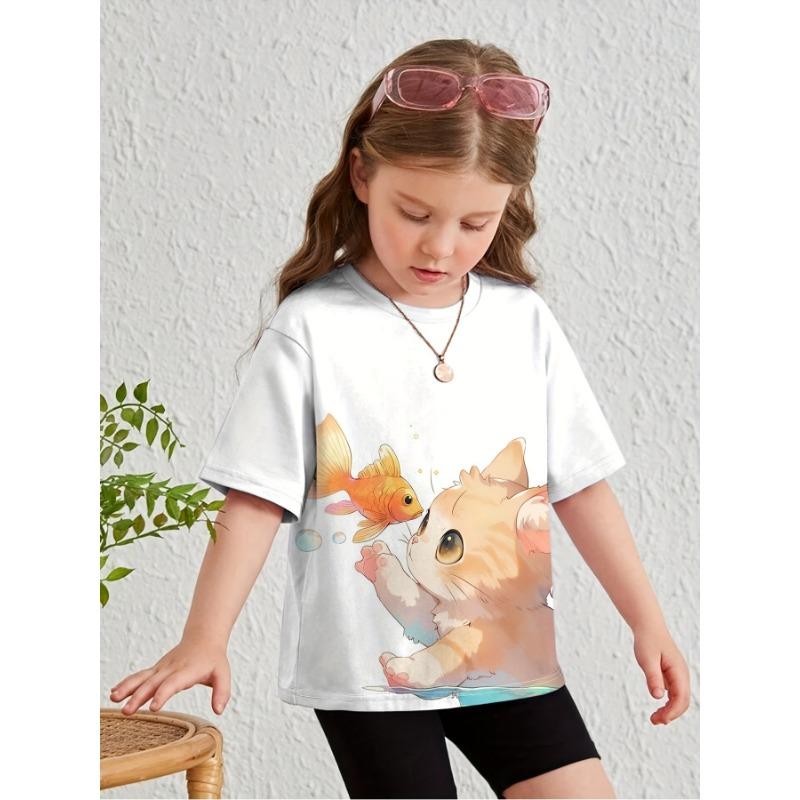 Детская одежда Одежда для девочек Футболка с коротким рукавом для девочек с принтом животных из мультфильмов Повседневная футболка с круглым вырезом для девочек Летняя детская одежда