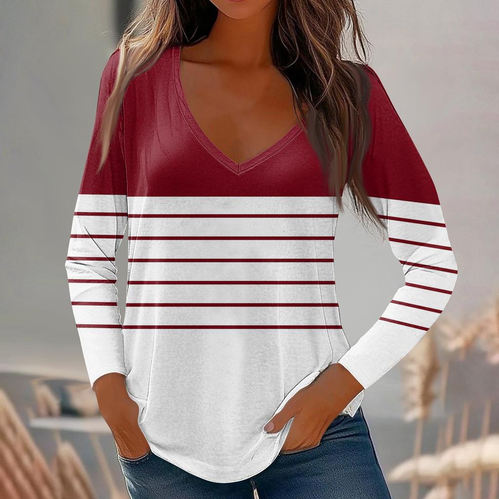 Womens Long Sleeve Tops V Neck Shirts Casual Stripe Print Basic Trendy Tee Blouses Fall Tunic Outfits Fitted T Shirts