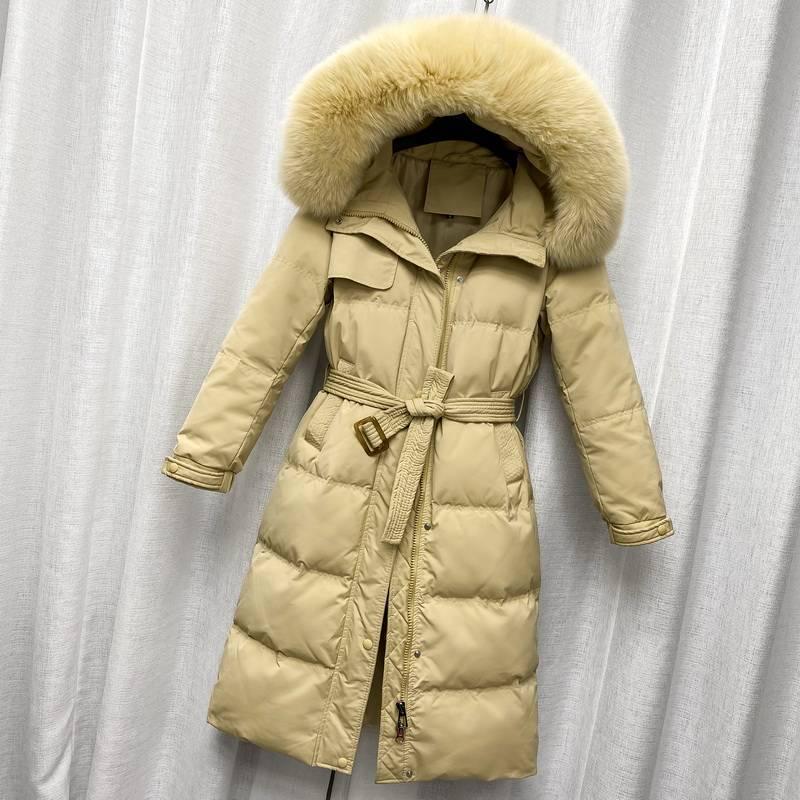Women's 2024 Trendy Lightweight Over-Knee Down Jacket with Waist Tie - White Duck Down Winter Coat