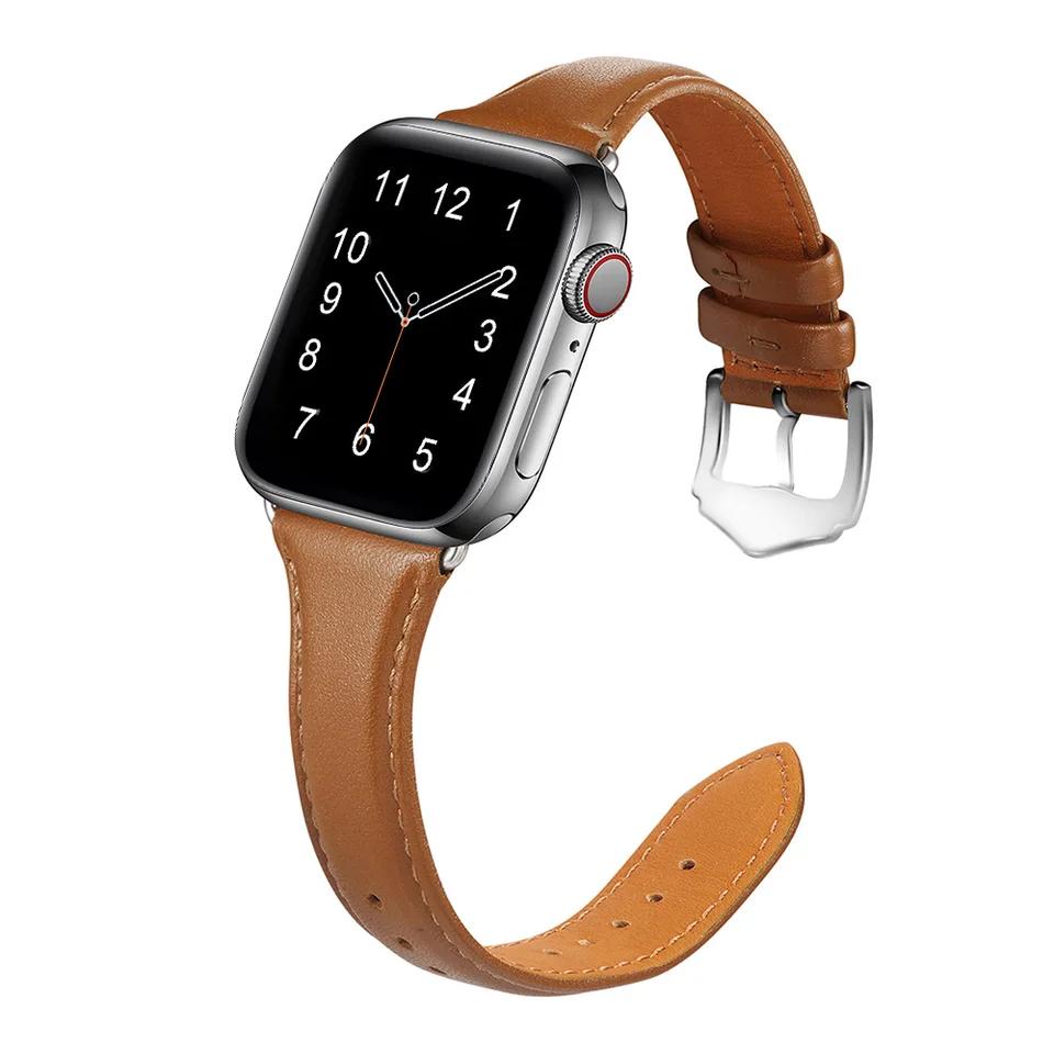 Slim Thin Genuine Leather Strap for apple Watch Series Small Waist Pin Buckle Universal Watch Strap