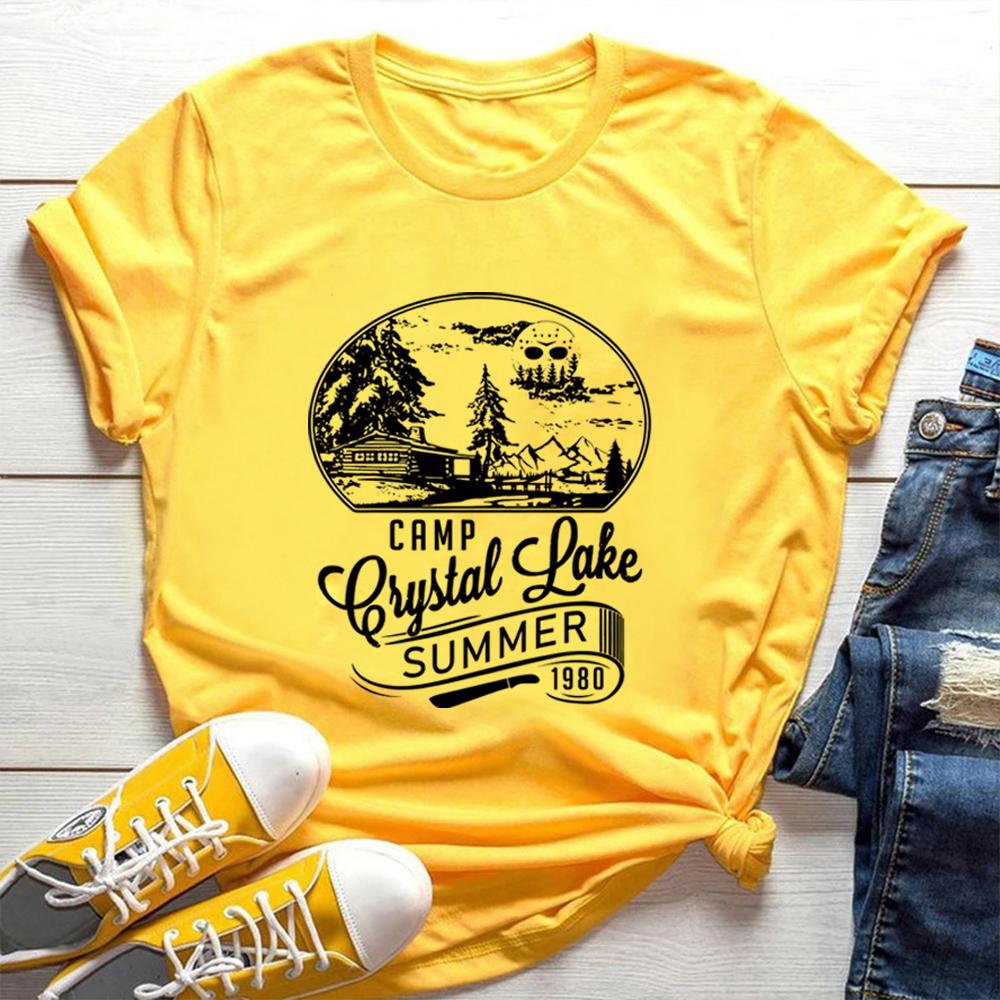 Винтажная футболка Camp Crystal Lake Хоррор-фильм Ретро-футболки Хэллоуинские футболки Готическая футболка Унисекс Летние с коротким рукавом Повседневные топы