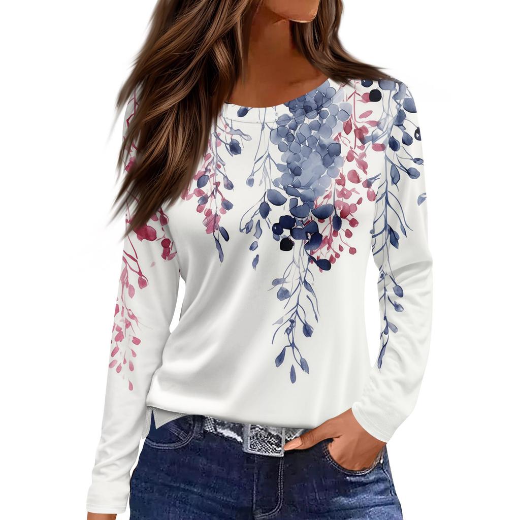 Women's Fashion Casual Slit Hem Round Neck Long Sleeve Loose Printed T-Shirt Ladies Top