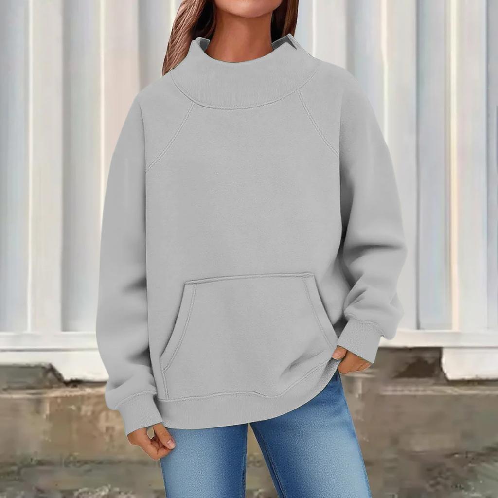 Women's Fashion Oversized Fleece-Lined Long-Sleeve High-Neck Pullover Solid Color Sweatshirt