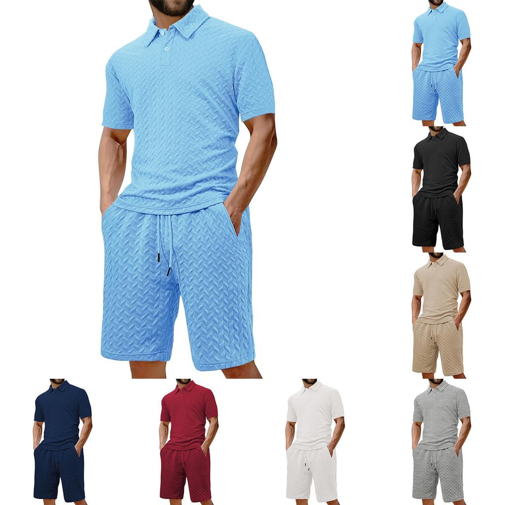 Мужская летняя однотонная рубашка с коротким рукавом и лацканами на пуговицах, комплект из шорт