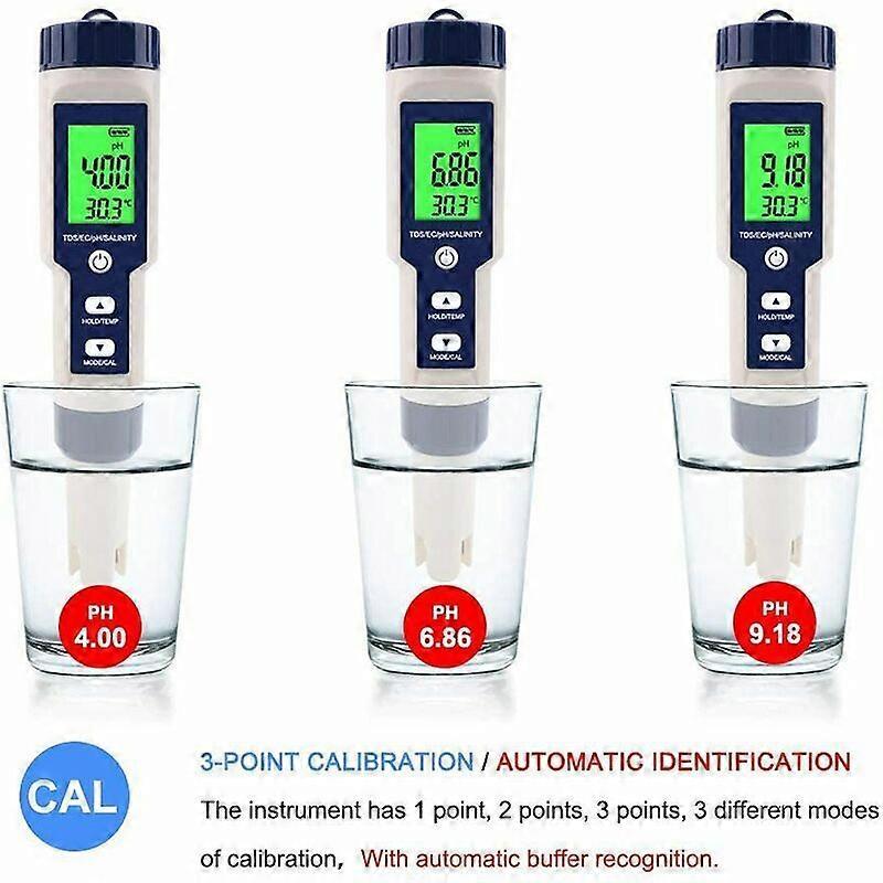 5-in-1 Electronic PH Meter, Measure Ph & TDS & EC Salinity & Temperature Water Quality Tester, LCD Display and Reading Accuracy, for Drinking Water, A