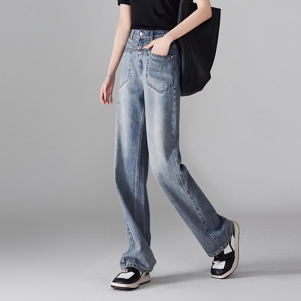 Fashionable retro front pocket high waist wide leg jeans for women in autumn 2025, loose and versatile, slimming and floor length pants