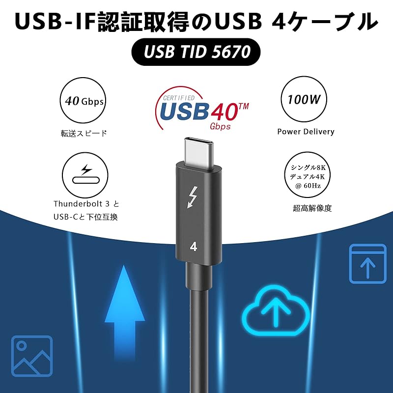 USB-C & Thunderbolt 4 100W Cable 3m LpoieJun[USB-IF certification/40Gbps High-speed Transfer/ 100W Fast charging/8K@60Hz Video output/PD 5A
