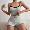 2 Pcs/Set Women Summer Pajamas Suit Shirring Edge Sleeveless Backless Crop Top Lace Bow Decor High Waist Mini Shorts Daily Nightie Slim Fit Sleepwear